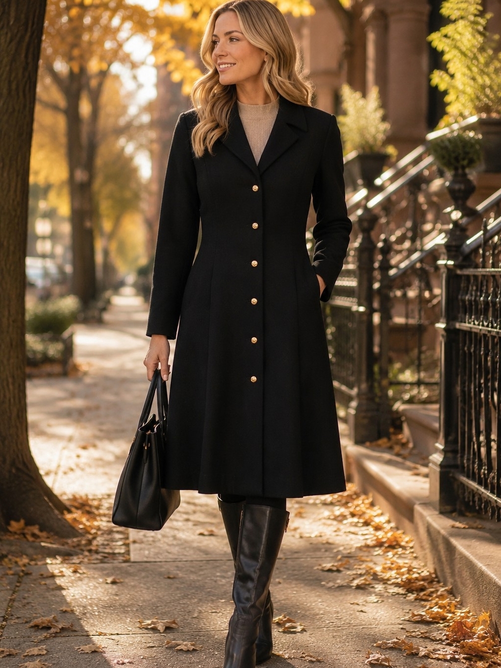 Ellen Tracy Black Midi Button-Front Fit & Flare Dress Coat